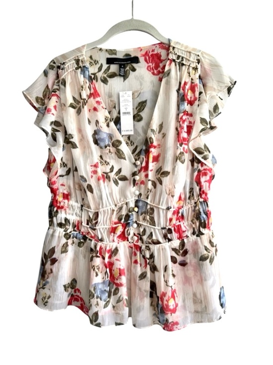 White House Black Market Tops - NEW WHBM Flutter Sleeve Blouse Cinched Waist Detail Floral White Pink Size S